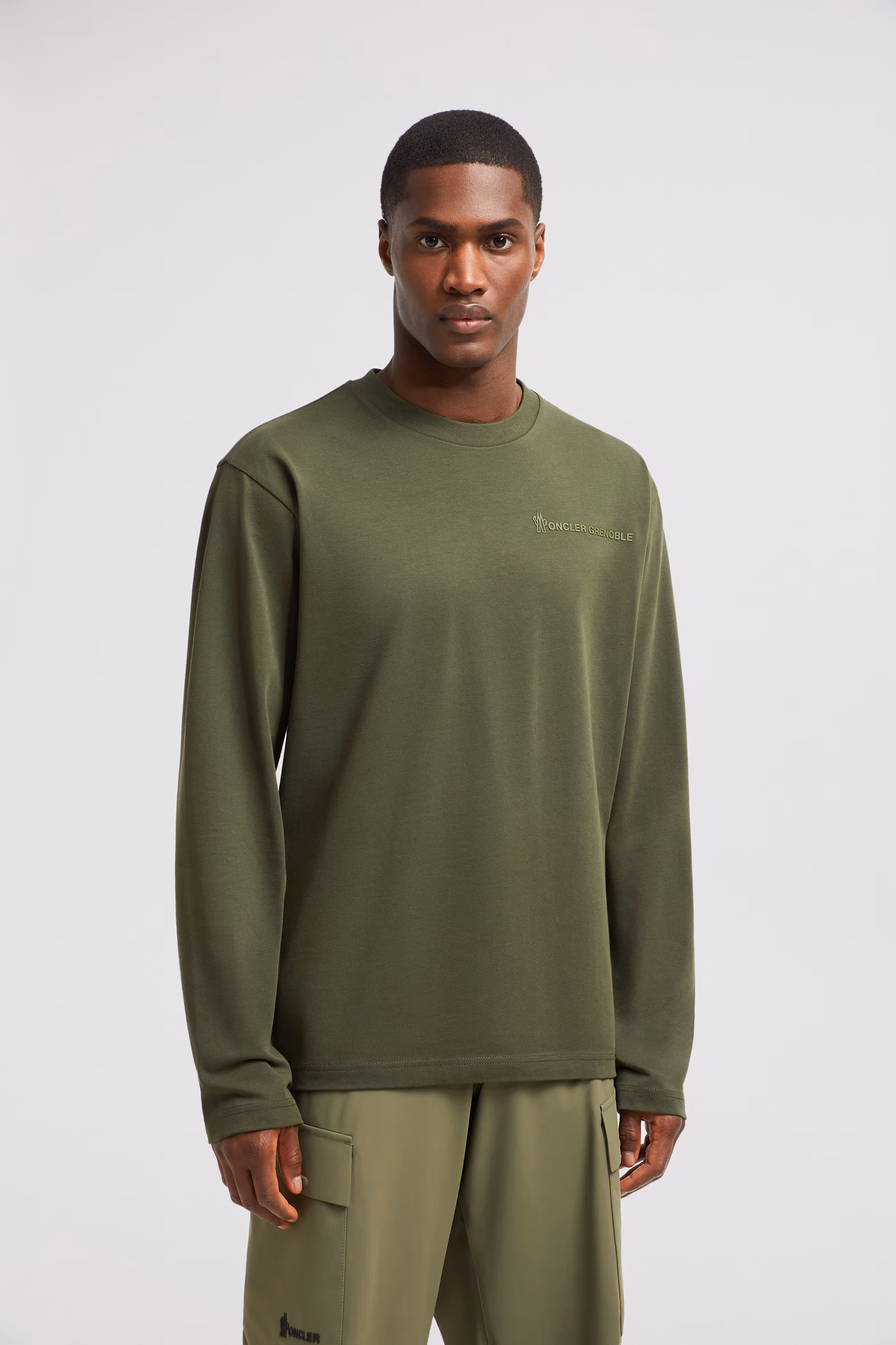 Logo Long Sleeve Cotton T-Shirt Men Olive Green Moncler 3